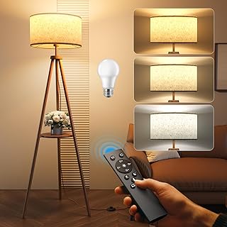 YICAIZI Lampadaire Trépied LED sur Pied Salon avec Étagères de Rangement - 12W Lampe sur Pied Bois avec Télécommande & E27 Ampoule, Lampe Liseuse Réglables pour Salon, Bureau, Chambre (Noyer)