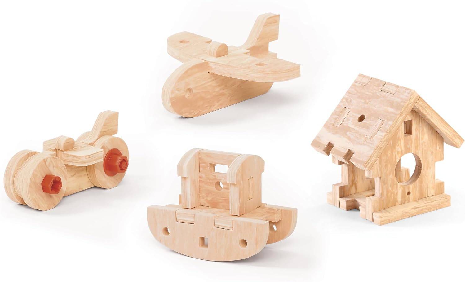 Four different projects built using the Durafoam wood pieces from the Step2 Deluxe Kids Workbench, including a motorcycle, airplane, boat, and birdhouse.