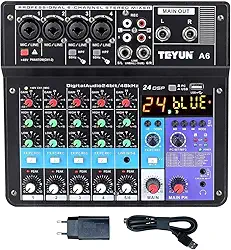 A6 Mesa De Som 6 canais，mixer de placa de som de 6/5/4/3 canais com Bluetooth, entrada USB para PC e alimentação fantasma de 48V para música, podcasting e produção Melhor que teyun A4 NA4 A3