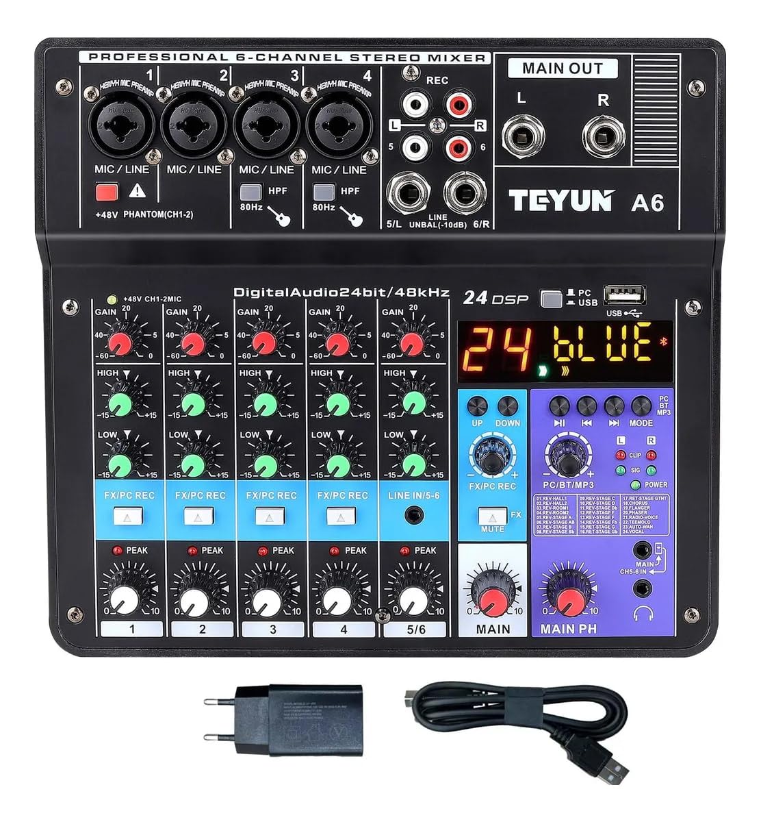 A6 Mesa De Som 6 canais,mixer de placa de som de 6/5/4/3 canais com Bluetooth, entrada