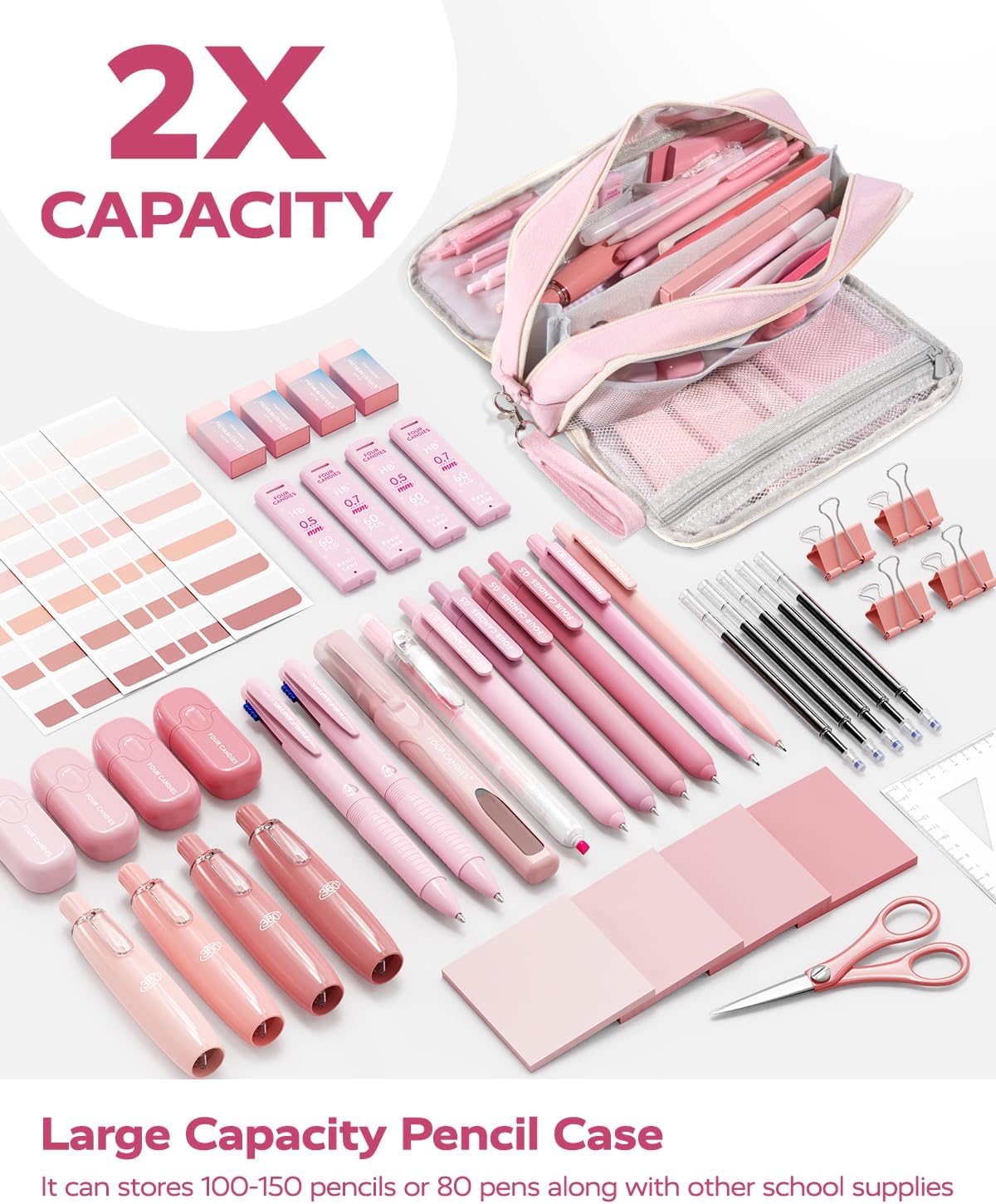 Four Candies Pink School Supplies with Case, Gel Pens with Black Ink, Correction Tapes, Pastel Highlighters, Mechanical Pencils, Sticky Notes, Index Post for Bible Study Stationary College Essentials - Image 7