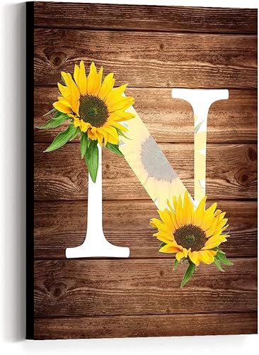 Lienzo decorativo de pared con letra N, lienzo para pared, letra N, diseño de girasol, para el hogar, sala de estar, decoración de pared, regalo de