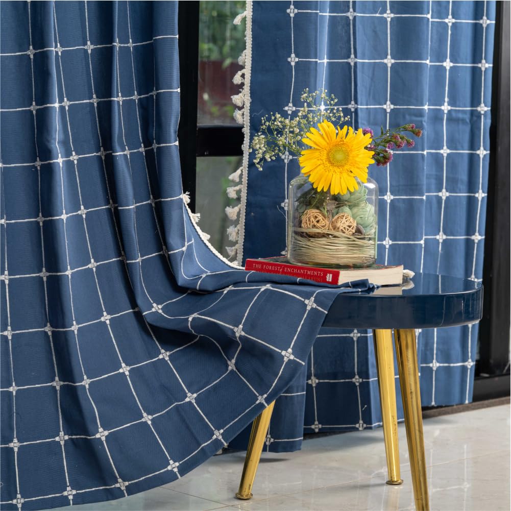 Urban Space Embroidery Curtains for Windows, 100% Cotton, 5 Ft Pack of 1 Decorative Curtain with Tassels, Tieback & Eyelets, 60-65% Room Darkening (Indigo Checks, 5 Feet)