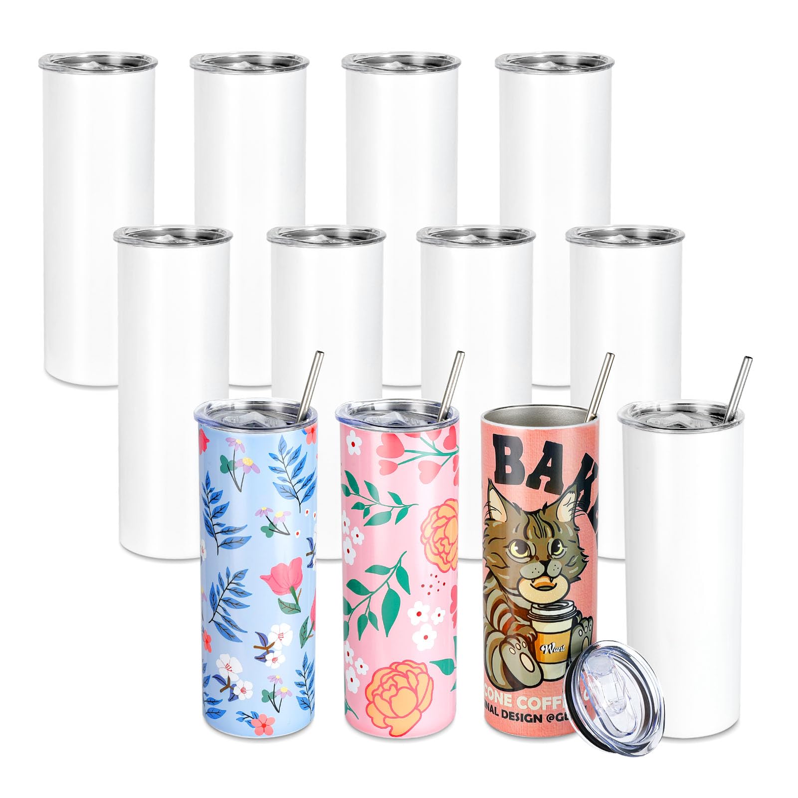 HTVRONT Sublimation Tumblers 12 PCS - 20 OZ Sublimation Tumbler Blanks with Sublimation Paper/Shrink Wrap Films/Heat Tape/Straws/Straw Brush - Sublimation Blanks Products for Gift/DIY Craft