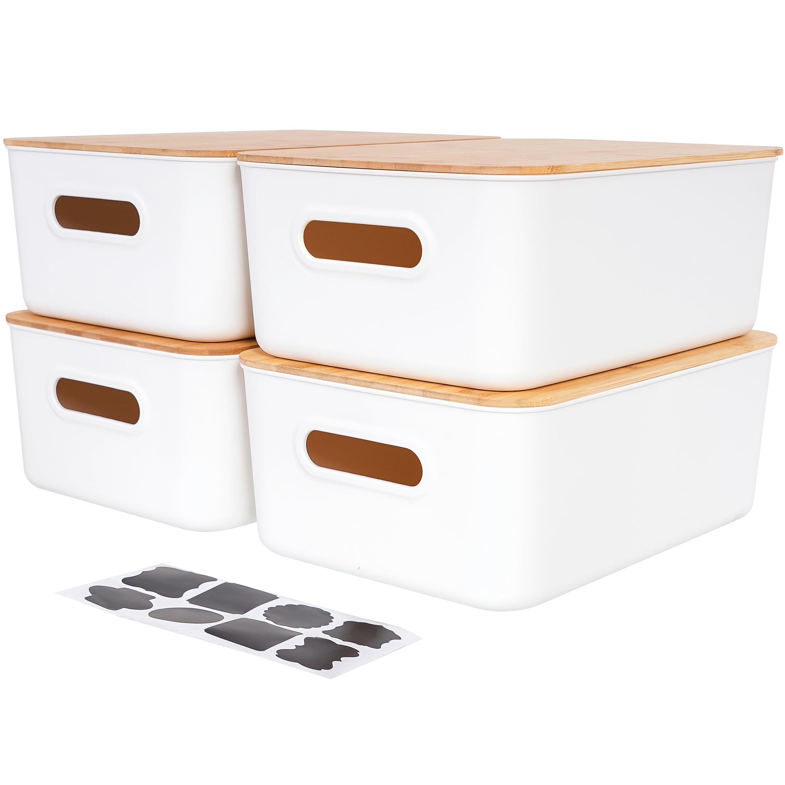 Citylife 4Pack 13L Storage Box with Wood Lid, Plastic Storage Boxes, Stackable Storage Box for Shelves, Kitchen Bathroom Toy Organiser, White, 38 x 27 x 15 cm