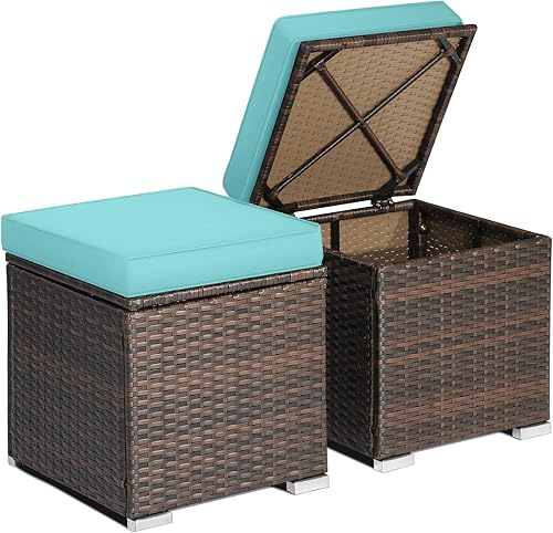 Miniatura 10 de RELAX4LIFE 2 piezas otomanas de ratán para exteriores, reposapiés de mimbre para patio con espacio de almacenamiento, cojines extraíbles, mesas