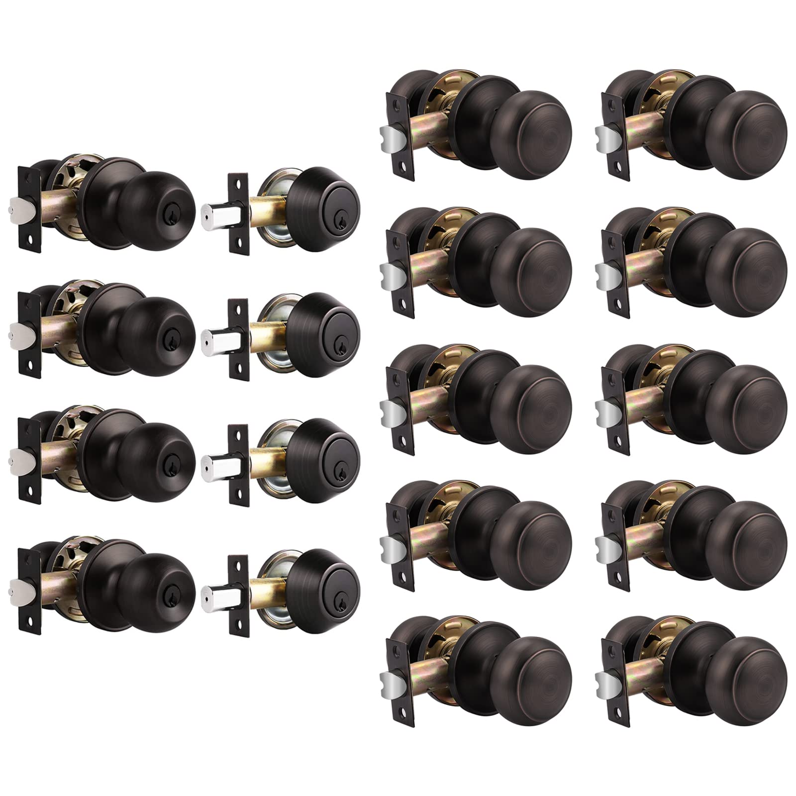 Probrico (4 Set Keyed Alike Door Lock Deadbolt Locks and (10 Pack) Interior Passage Door Knobs, Oil Rubbed Bronze Finish