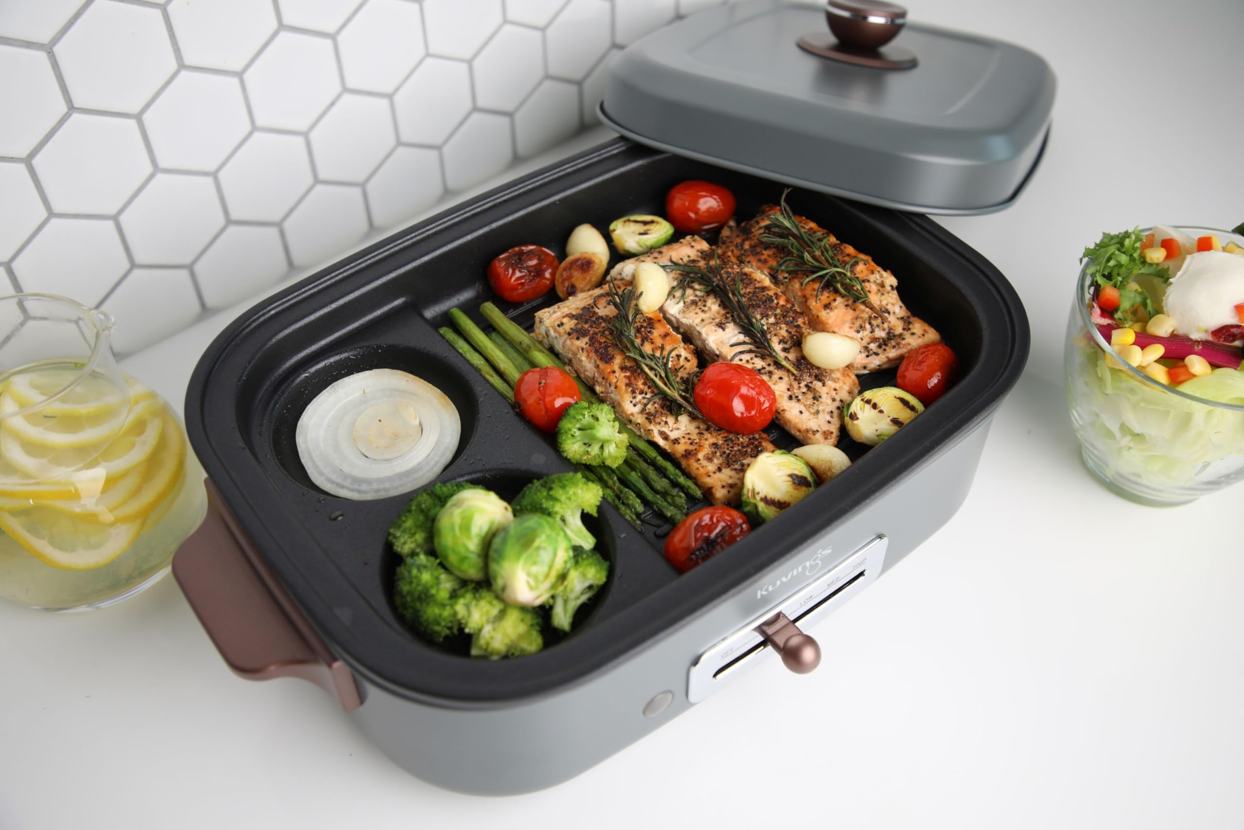 Kuvings MultiGrill Ceramic Plus - grill kontaktowy wielofunkcyjny z płytami ceramicznymi, 65-250°C, 1200-1400 W, 2 płyty (śniadaniowa i głęboka), beżowy
