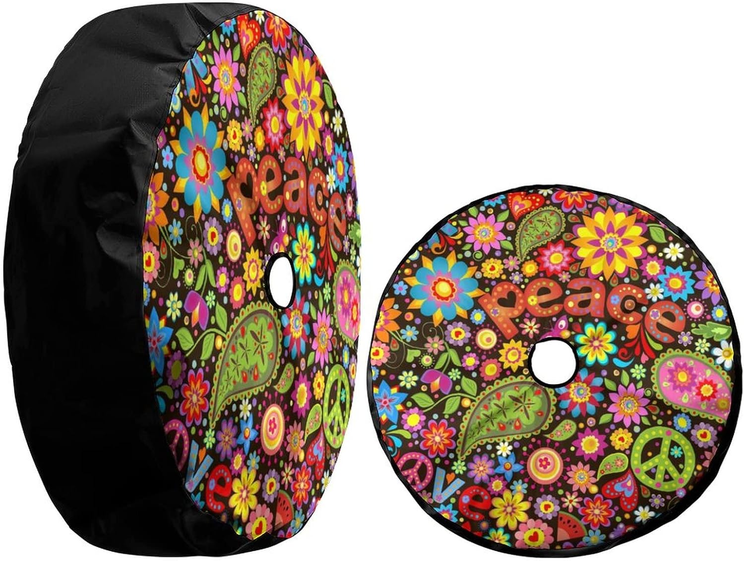 Delerain Spare Tire Cover with Backup Camera Hole Hippie Symbolic Wheel Covers Waterproof Dust-Proof UV Sun Universal Fit for RV Trailer RV SUV Truck (17 Inch for Diameter 31"-33")