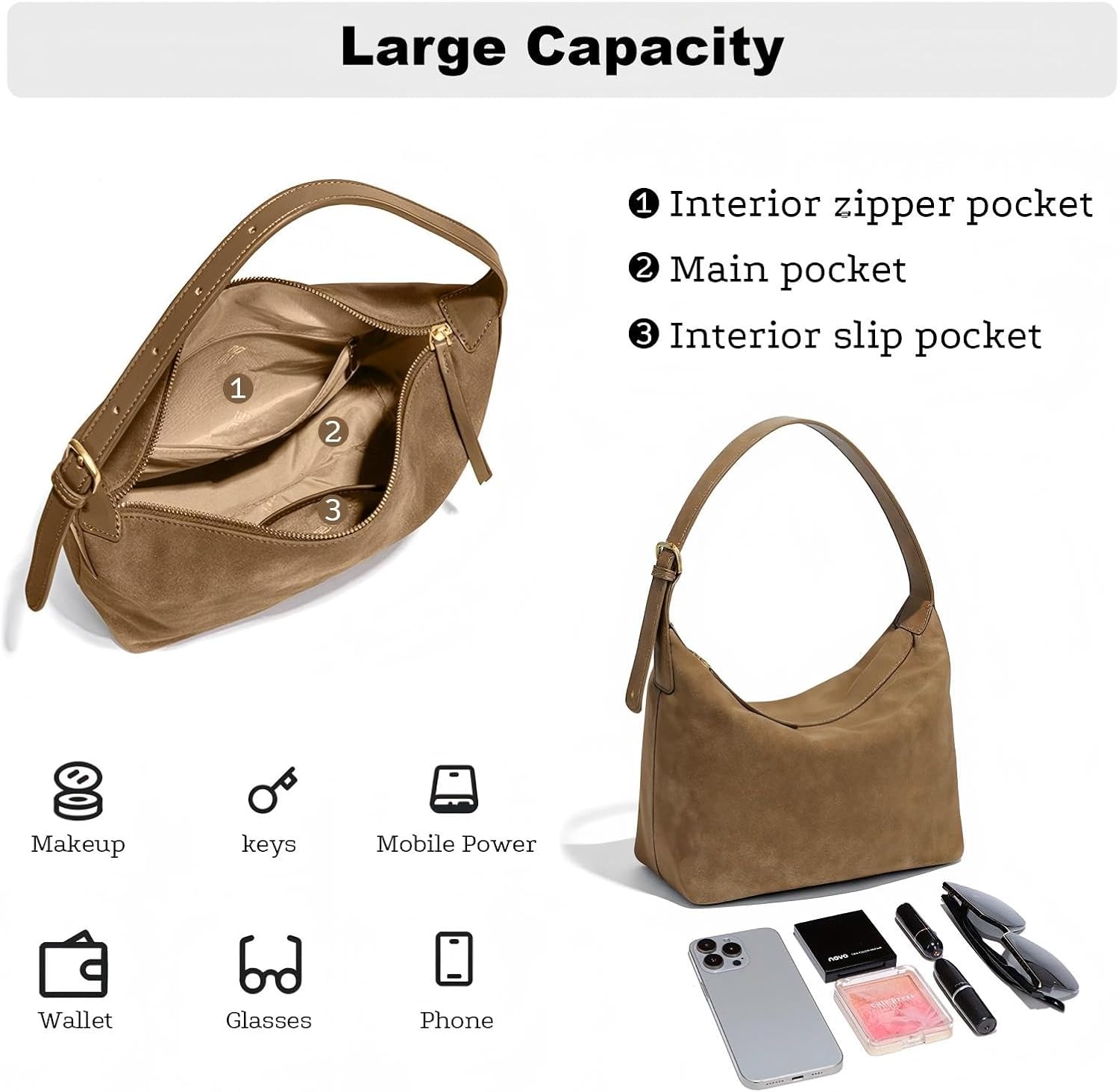 Suede Hobo Bag for Women,Faux Suede Purse Medium,Women's Shoulder Crossbody Soft Vintage Handbag Adjustable Straps | Suede Hobo Purse - Image 5