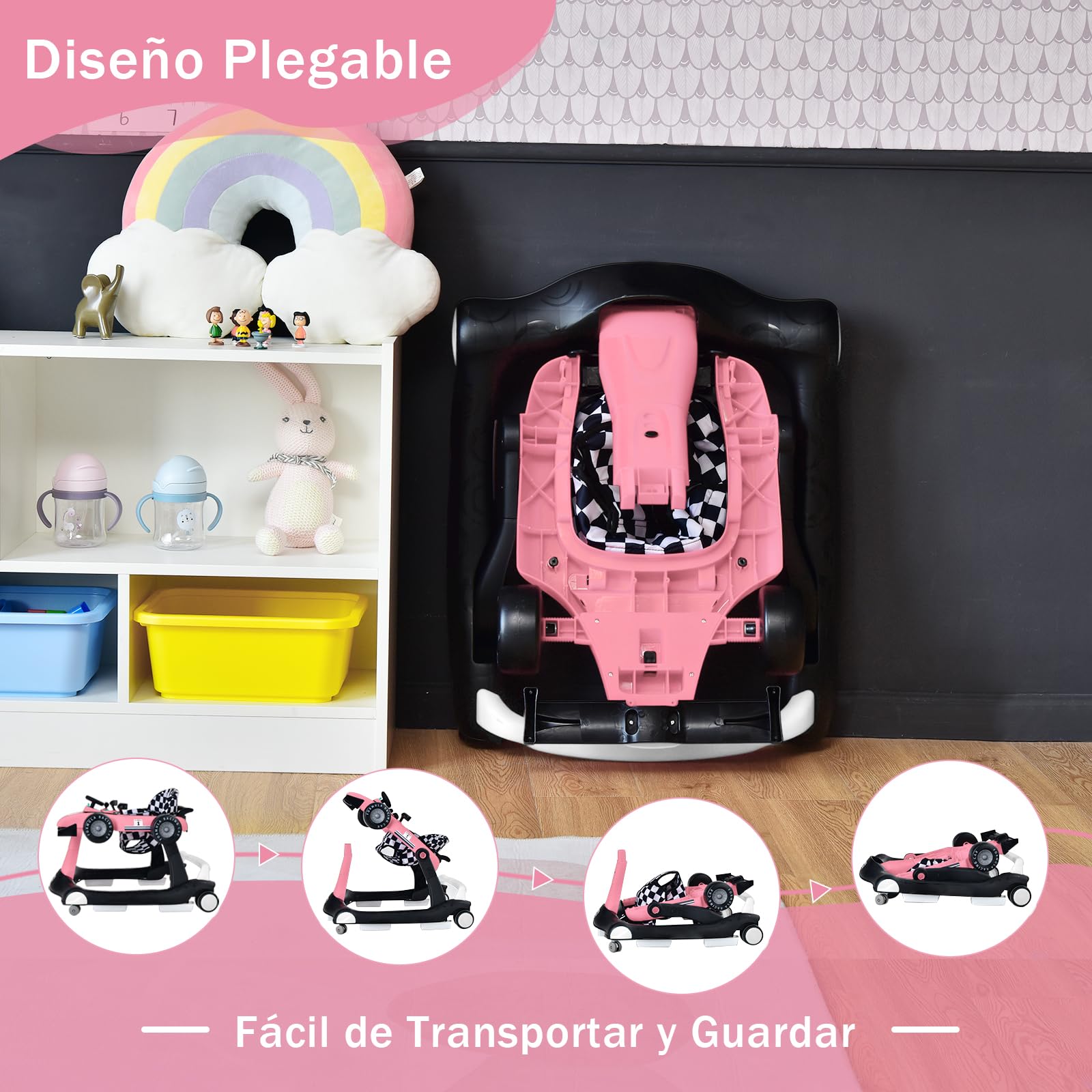 COSTWAY 4 en 1 Andador Bebes, Tacata Bebe Plegable con Altura y Velocidad Regulables, Carillón con Luces, Volante y Asiento con Cojín, Diseño Antivuelco, Caminador para Bebe de 6-18 Meses