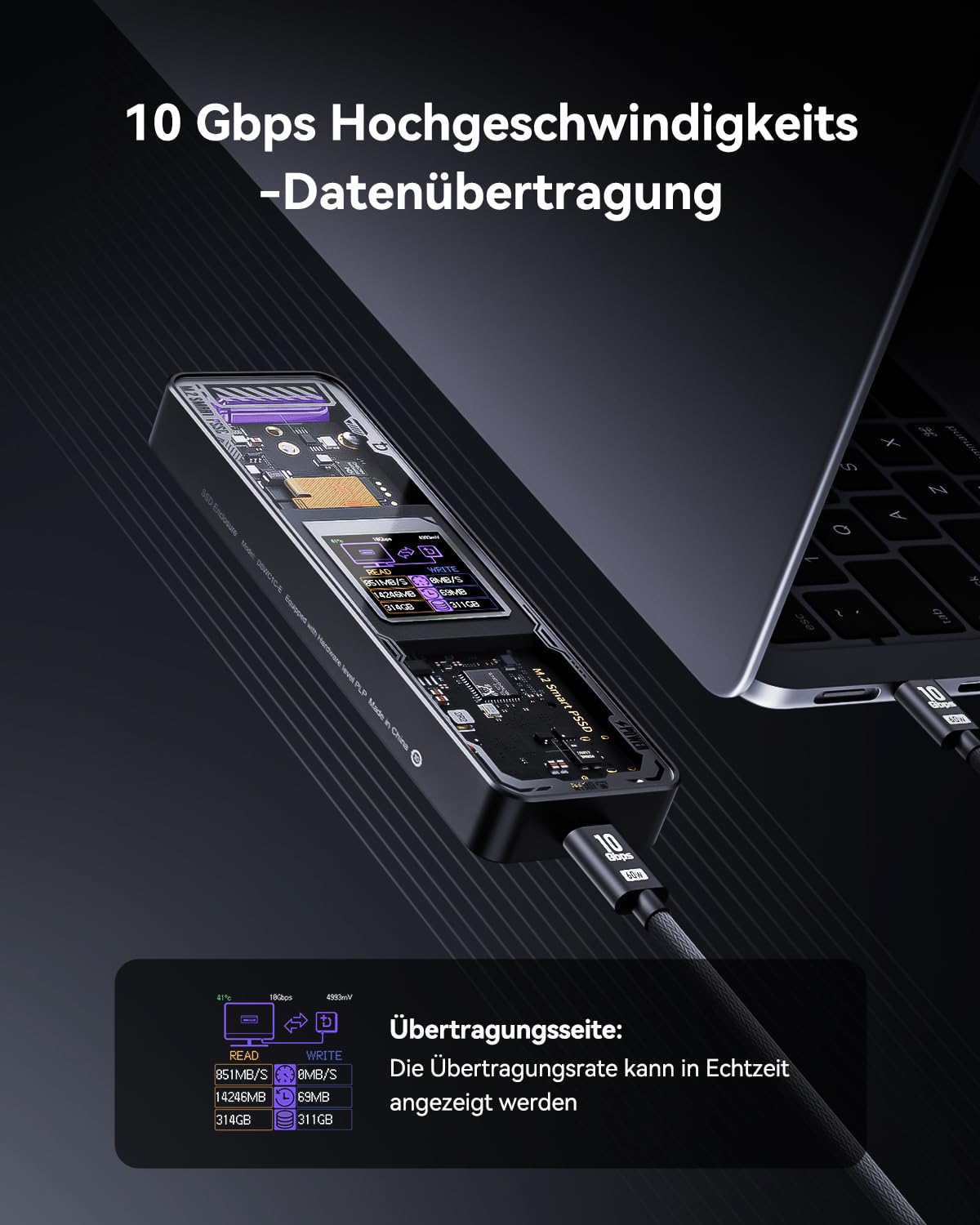 DOCKCASE Explorer Edition Smart M2 SSD Gehäuse - 10s Stromausfallschutz, NVMe Gehäuse, SSD-Gesundheitserkennung, Zwei Type-C-Anschlüsse USB-C 3.2 Gen 2 (10Gbps) für NVMe SSDs bis zu 4TB Schwarz