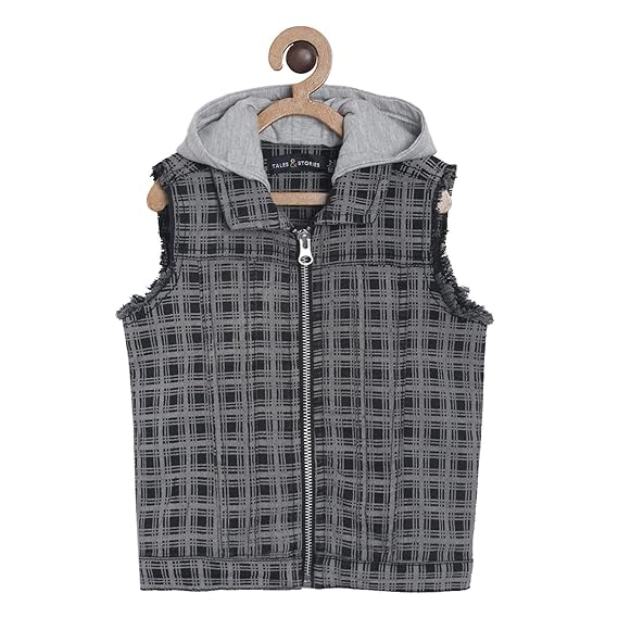 Tales & Stories Boys Cotton Checkered Sleeveless Hooded Grey Jacket-T332436