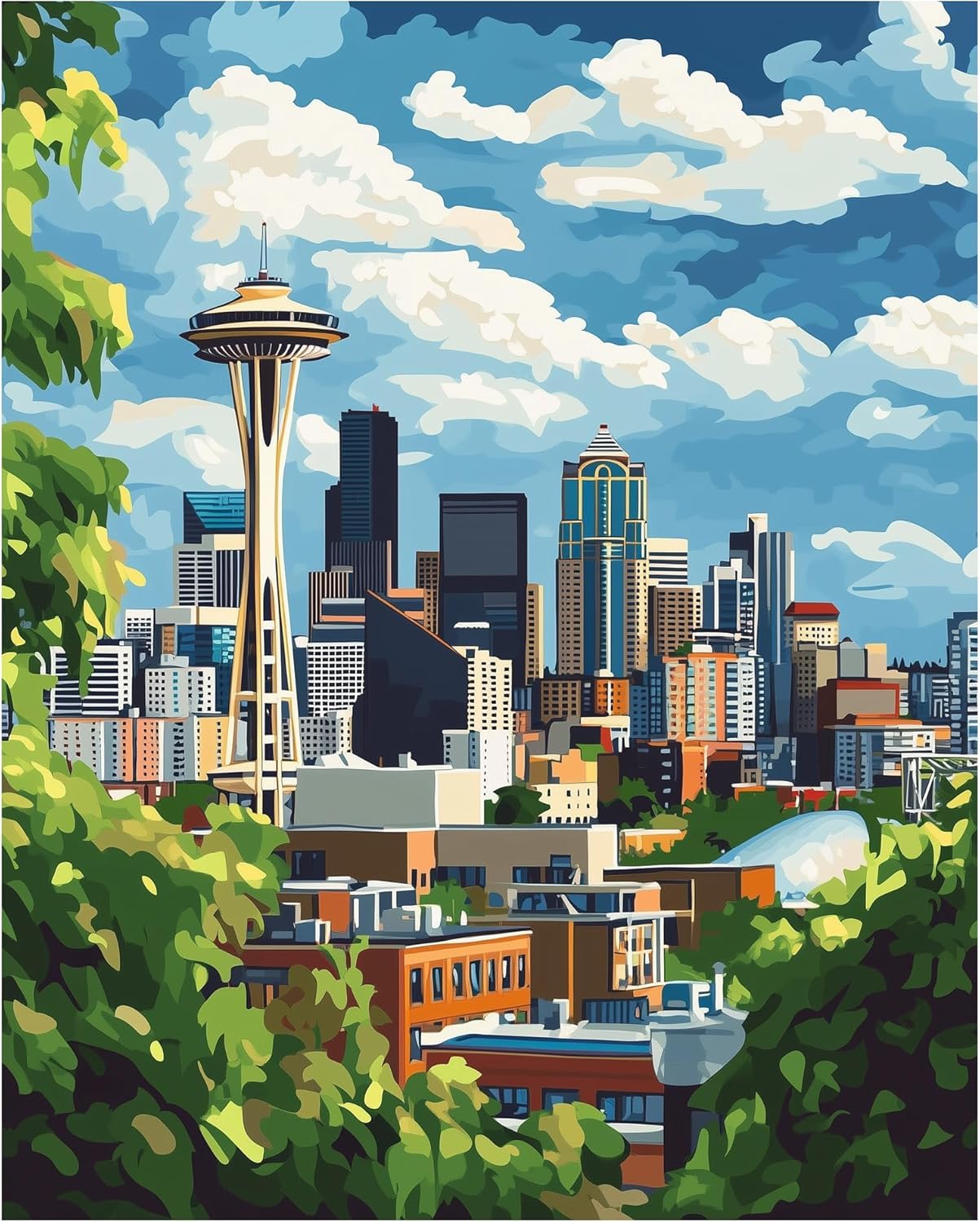 ANSIWEIGO Paint by Numbers Seattle City for Adults Kits,USA Washington Cityscape Easy Acrylic Adults Beginner DIY Oil Painting on Canvas for Gift Home Wall Decor,Space Needle(16x20inch,with Frame)