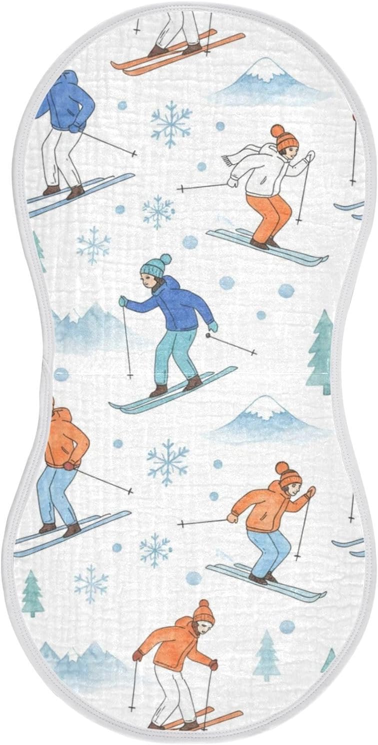 Emelivor Winter Christmas Skiing White Pattern Muslin Burp Cloths for Baby Super Soft Baby Burp Cloths 4 Pack Absorbent Baby Washcloths Towel Burp Bibs Burping Spit Up Rags for Girls Boys Newborn