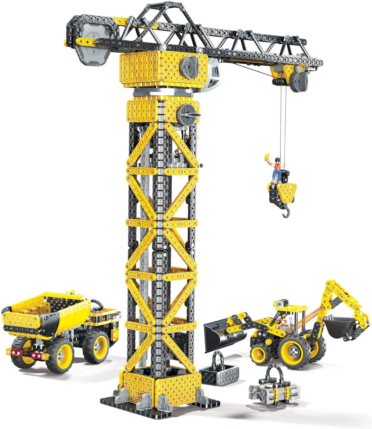 Assembled HEXBUG VEX Construction Zone models: crane, dump truck, and backhoe.