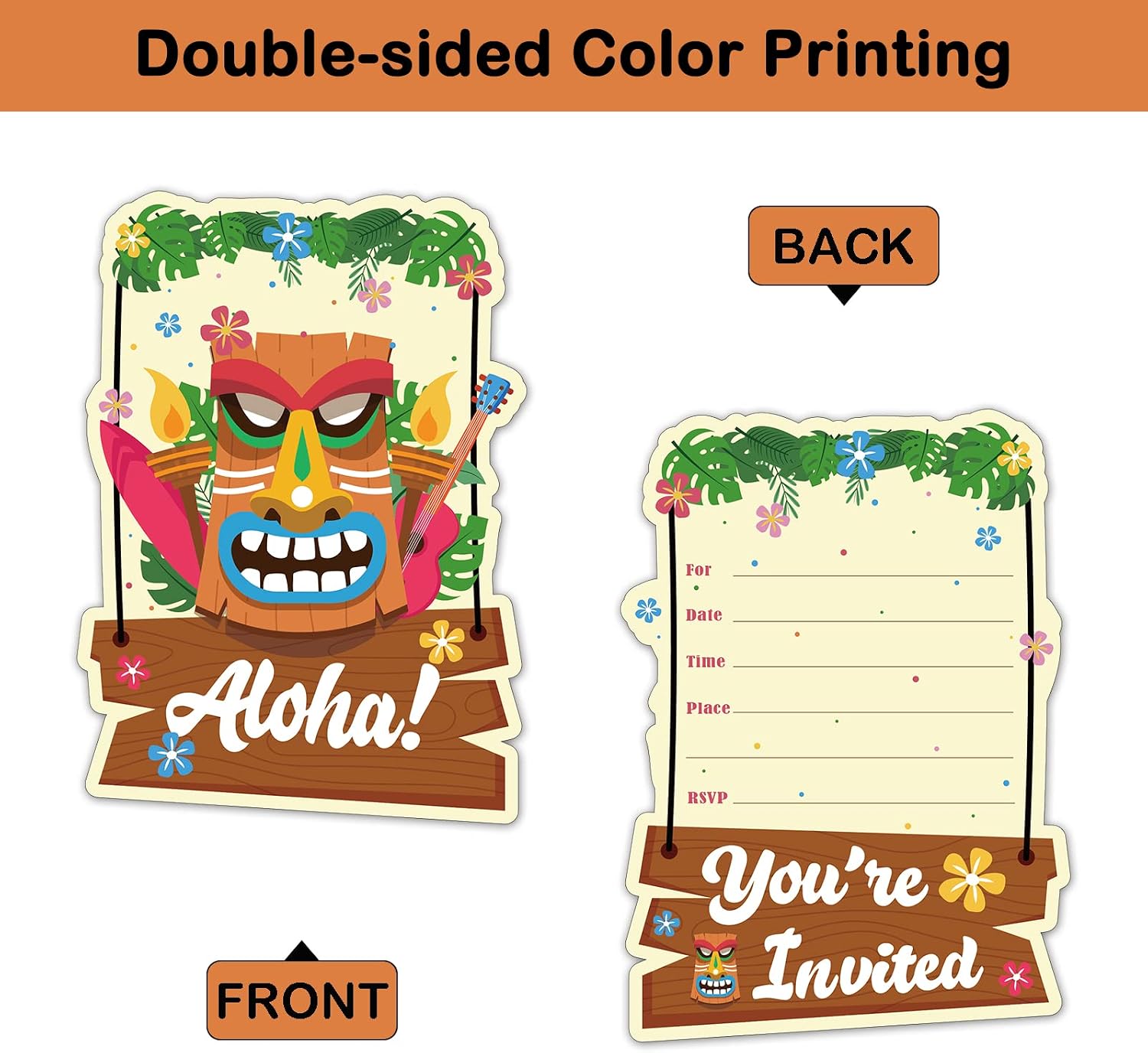 REWIDPARTY Aloha Luau Party Invitations with Envelopes & Stickers（Set of 15） Tiki Luau Shaped Fill-in Invitations Hawaiian Summer Party Invites Cards Tropical Hawaiian Beach Birthday Party Supplies