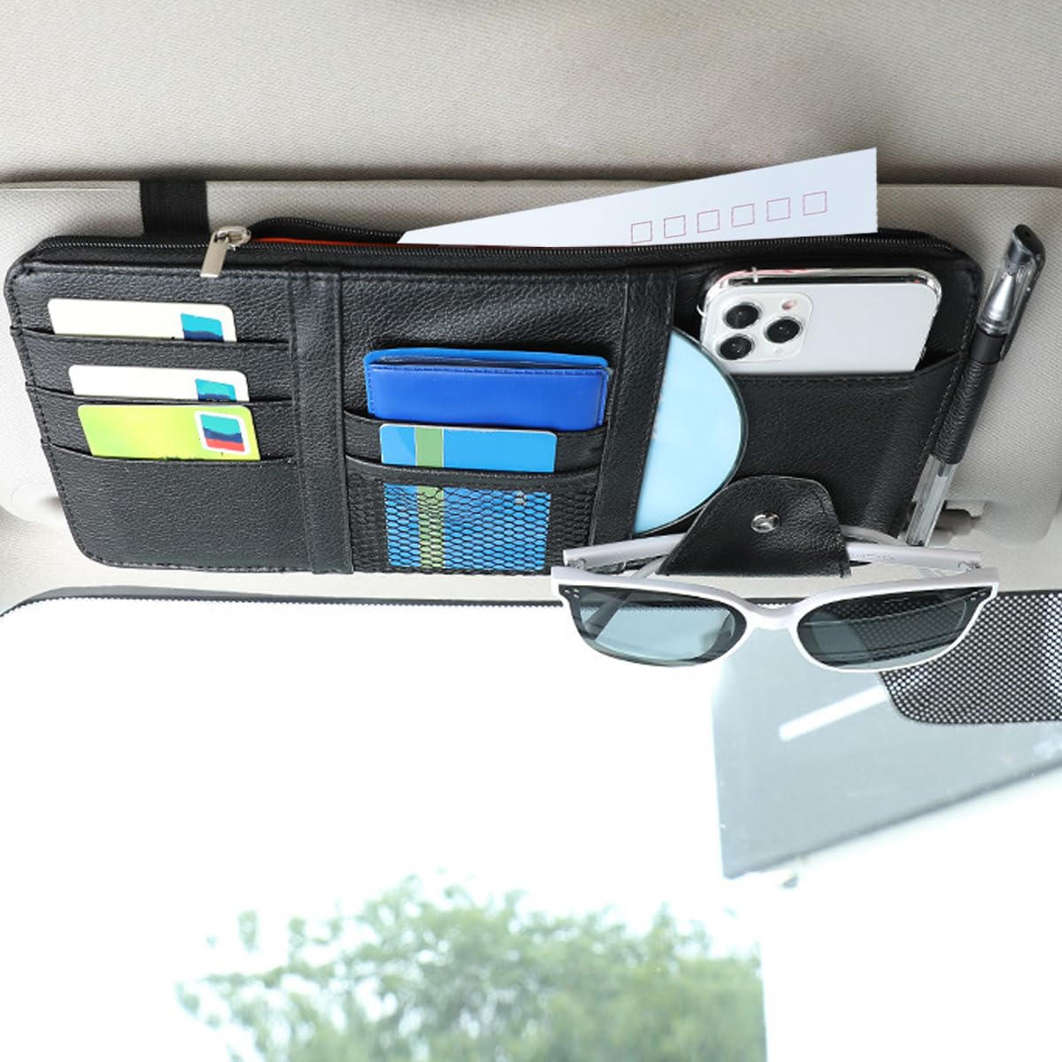 Organizer Parasole Auto In Pelle Scamosciata - Porta Occhiali, Telefono