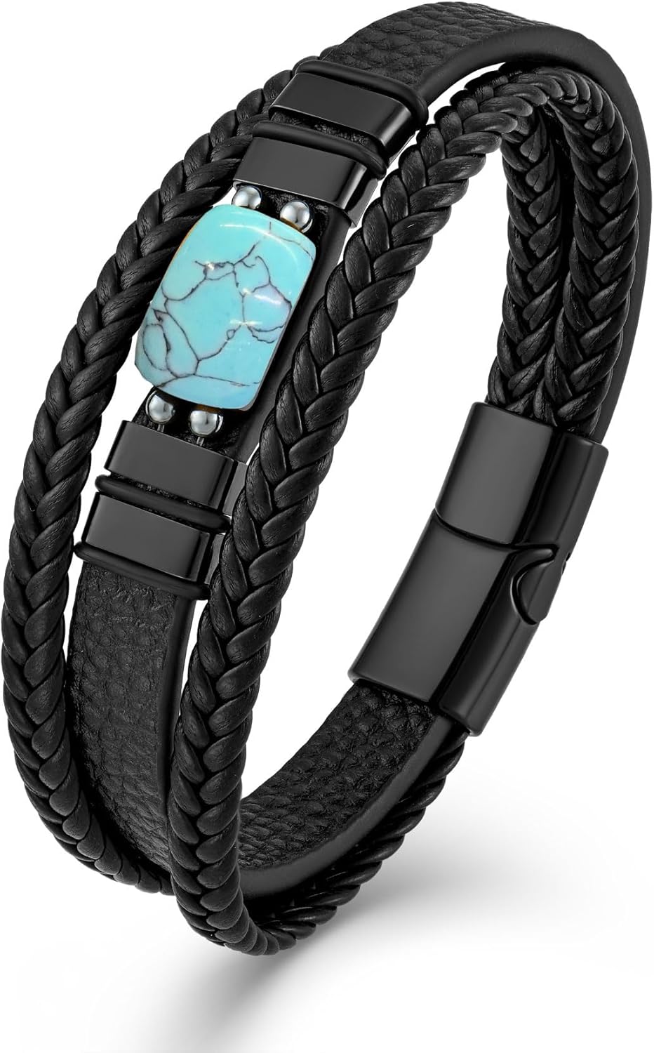 Tiger Eye Black Leather Bracelet for Men Vintage Double Natural Tiger Eye with Stainless Steel Three-Layer Leather Rope Braided Cuff Bracelet