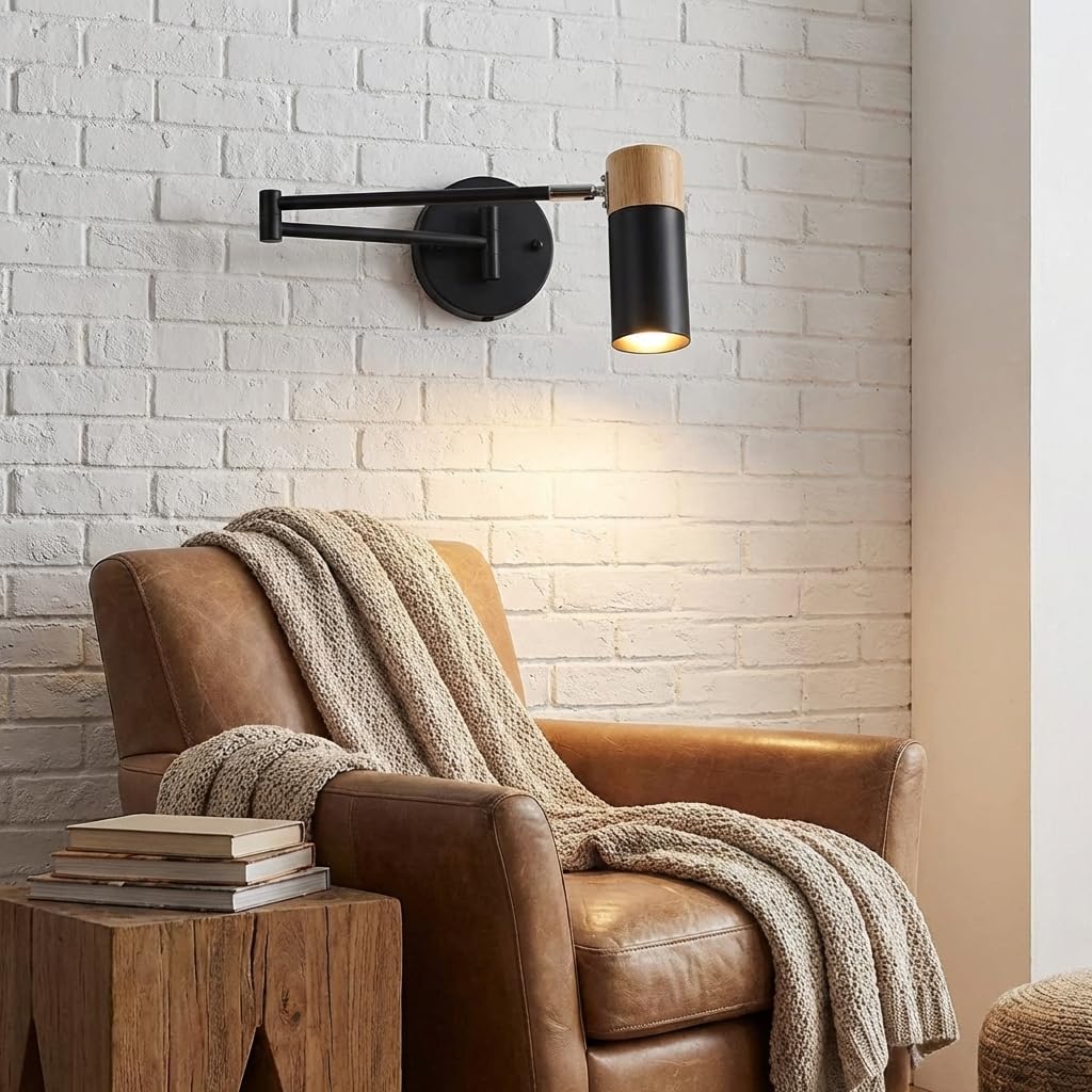 Alpinaluz Aplique de Pared Extensible Negro con Detalles en Madera, Minimalista Nórdico, Brazo Articulado 360º, Lámpara de Lectura para Dormitorio, Sala, Oficina, Baño, Escaleras y Restaurante
