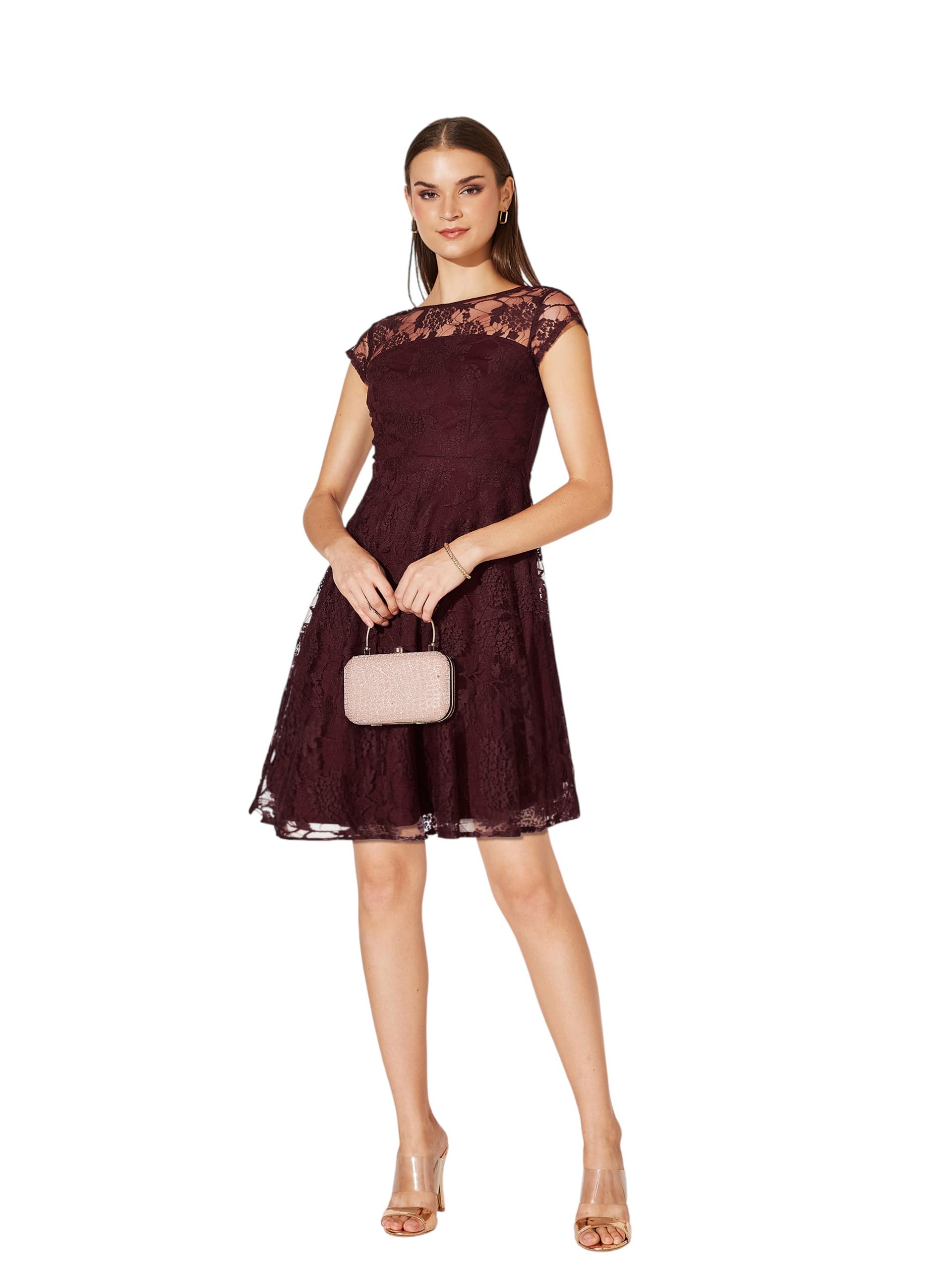 Miss Chase Women's Round Neck Cap Sleeves Lace Knee -Long Skater Dress-picture-13
