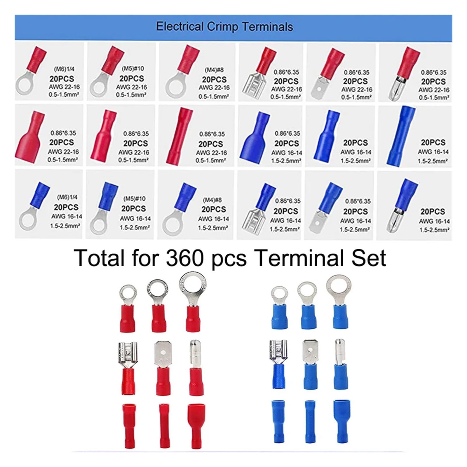360 Pcs Wire Mixed Assorted Lug Crimp Ring Terminals Spade Insulated Electrical Connectors Set