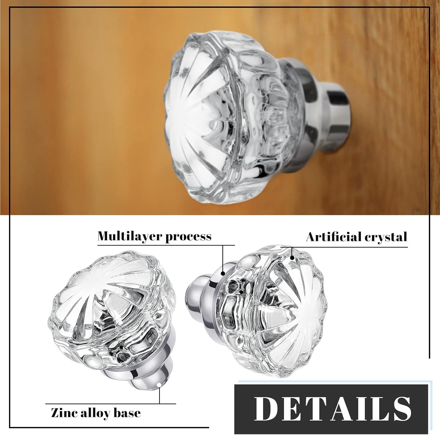 Amylove 2 Set Glass Door Knobs Mortise Style Fluted Crystal Antique Door Knobs with Spindle Antique Doorknobs for Home Interior(Silver,Basic)