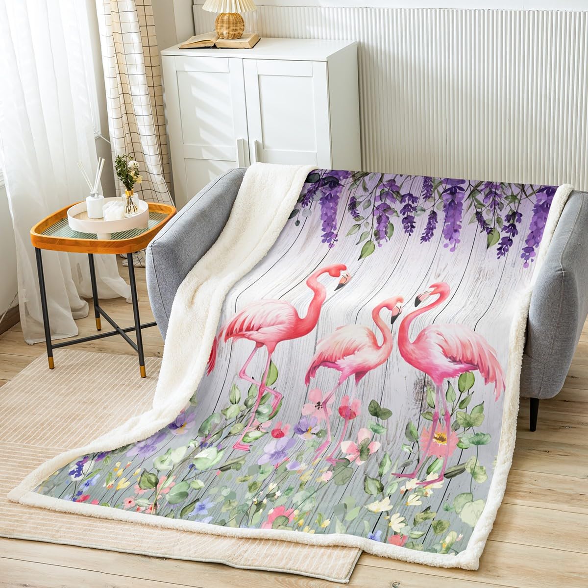Couverture flamant rose et lavande douce pour lit fille