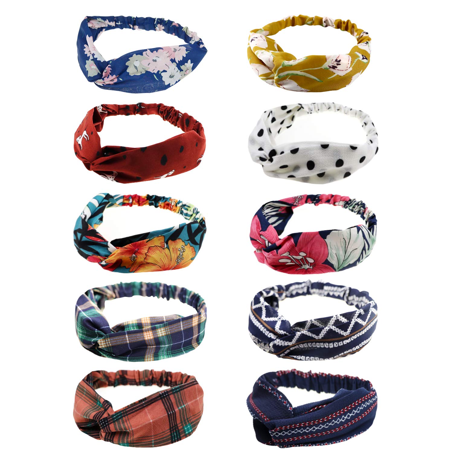 DRESHOW 10 Piezas Diademas Flor Vintage Impreso Criss Cross Anudado Elástico Banda para el Cabello Accesorios de Pelo Yoga Cabeza Wraps