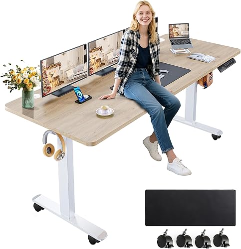 Vista 39 de farexon Escritorio eléctrico de pie de altura ajustable, escritorio de pie de 55 x 24 pulgadas con alfombrilla grande para el mouse, doble gancho