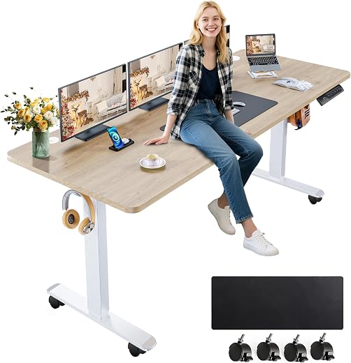 farexon Electric Standing Desk Adjustable Height, 63x24 Inches Computer Desk with Rolling Wheels, Mouse Pad,Multifunctiona...