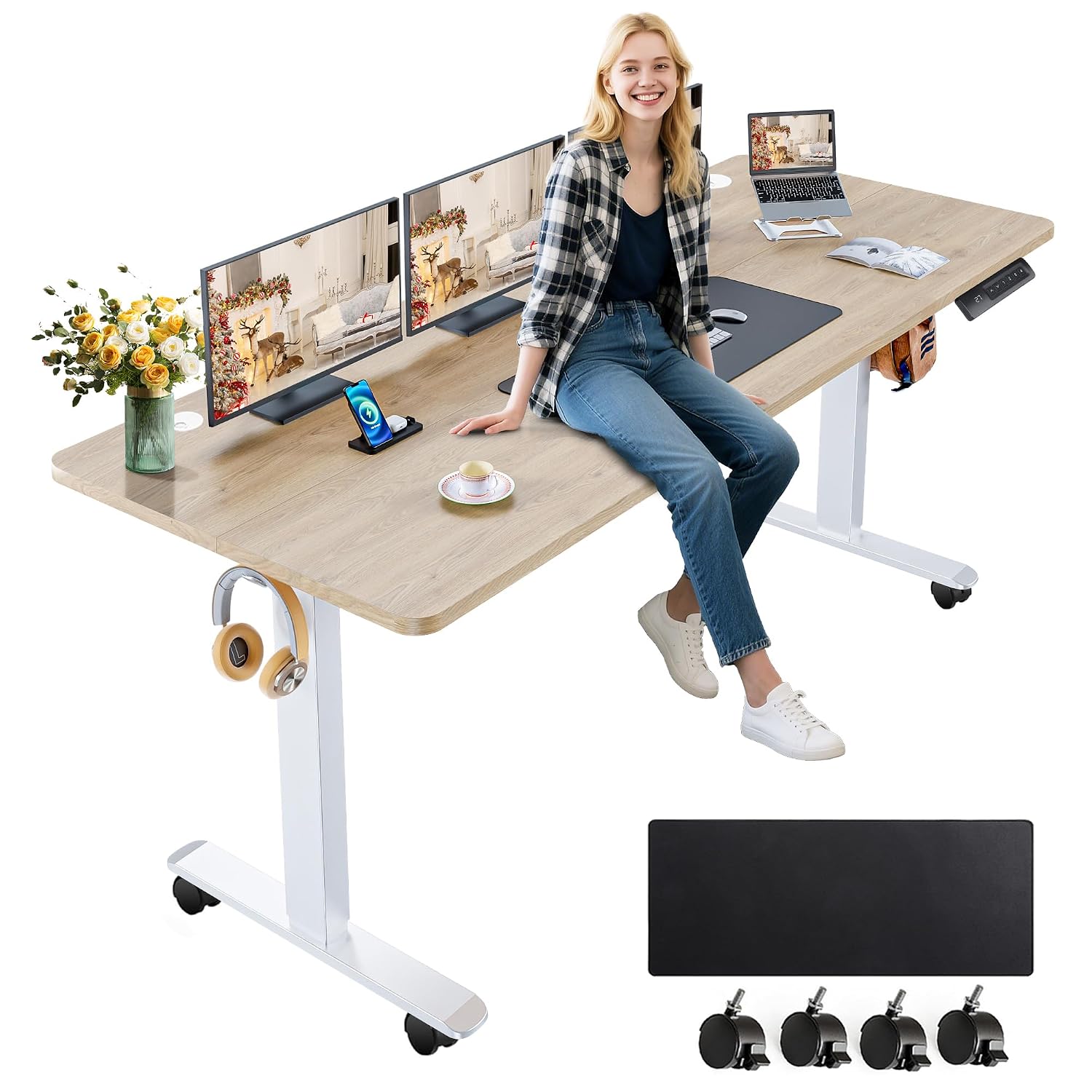 farexon Electric Standing Desk Adjustable Height, 63x24 Inches Computer Desk with Rolling Wheels, Mouse Pad,Multifunctiona...