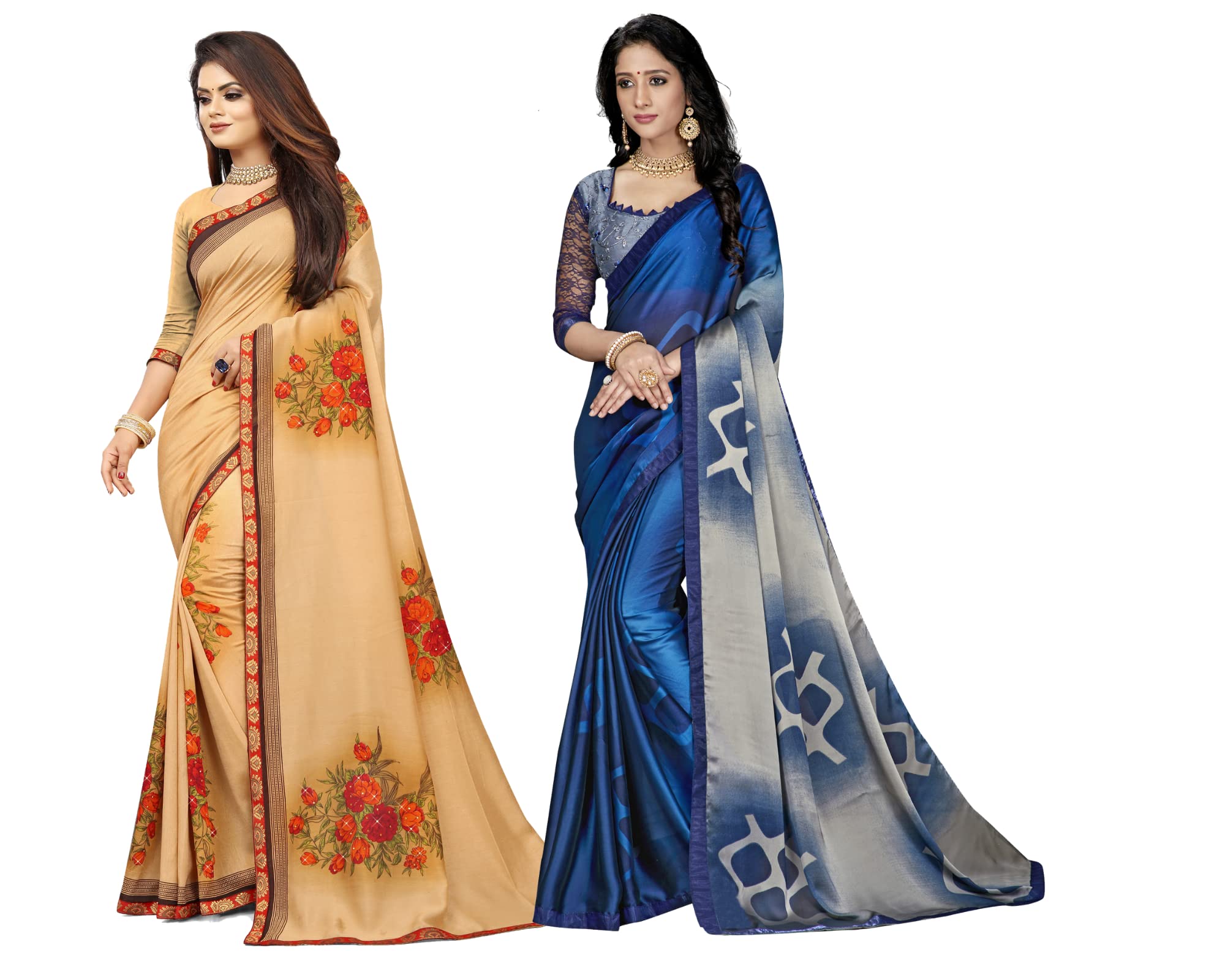 Gaurangi CreationWomen's Dark Blue Poly Chiffon Saree & Blue Poly Crepe Saree