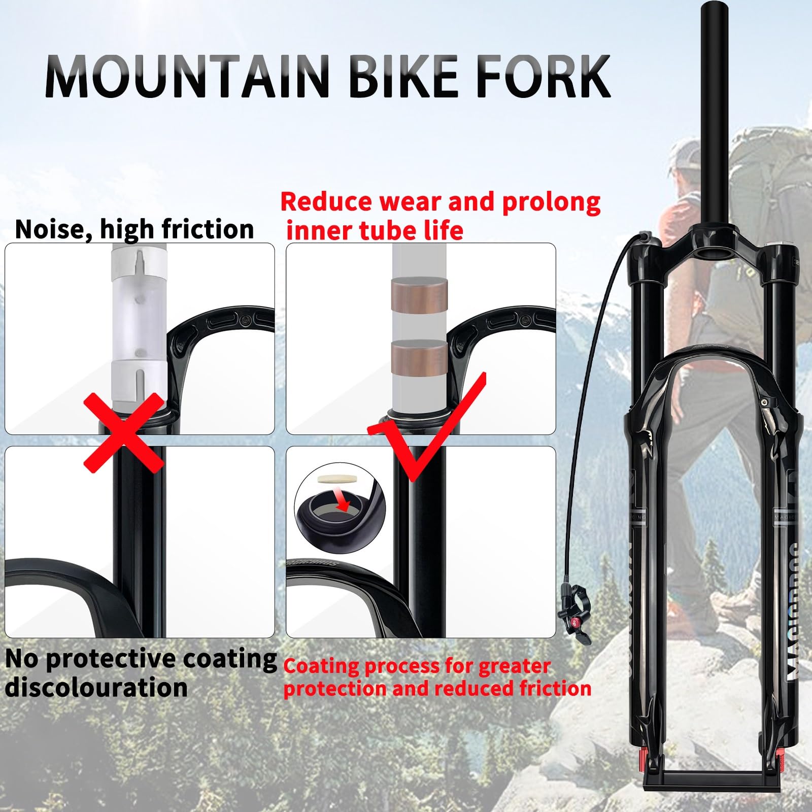 Horquilla de suspensión neumática para Bicicleta de 26/27,5/29 Pulgadas, Eje pasante QR de 9 mm, Tubo Recto/cónico de 1/8", Ajuste de Rebote, Bloqueo Romete Delantero.