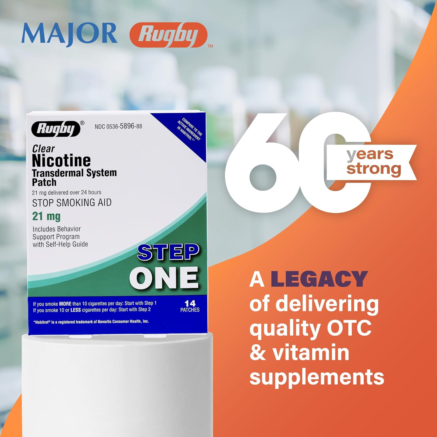 Rugby Clear Nicotine Patches - 21mg Transdermal System Patch - Smoking or Vaping Quitting Aid - Step 1 - 14 Count (1 Pack)