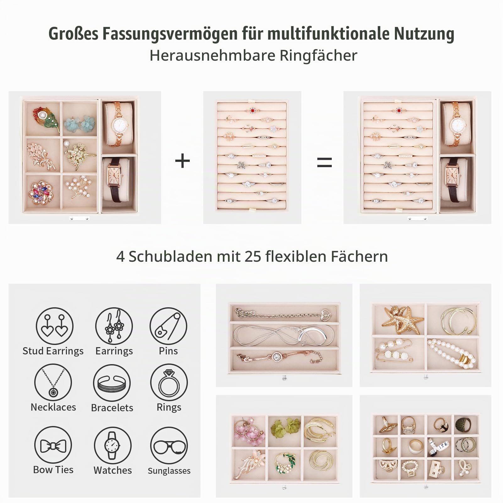Schmuckkästchen mit 6 Schubladen, Große PU Schmuckkasten 5 Ebenen mit Seitlichen Schubladen und Spiegel, Schmuckbox für Ringe, Ohrringe, Armbänder, Halsketten, Beige