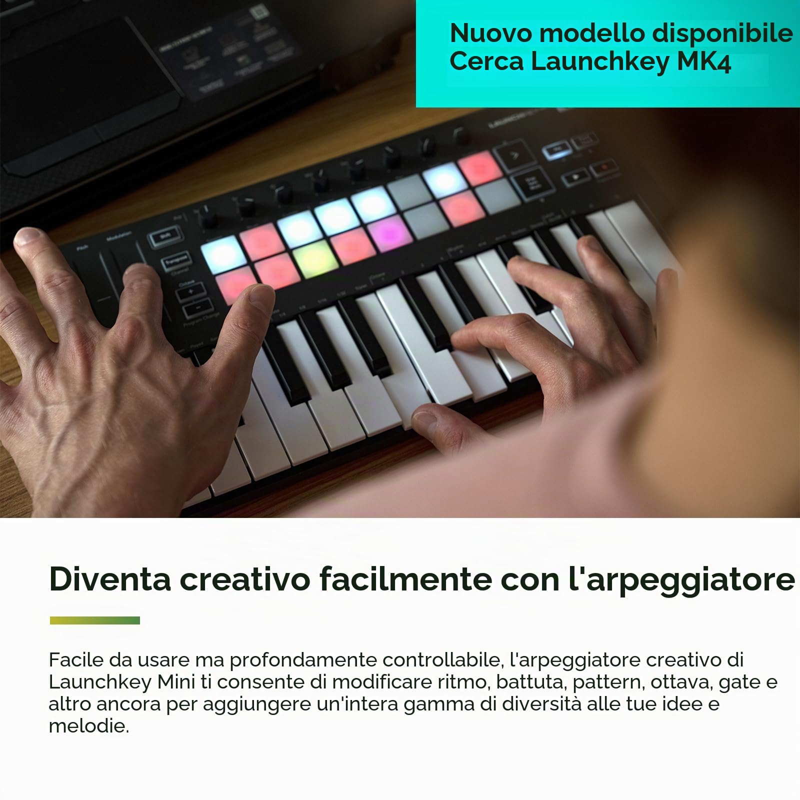 Novation Launchkey Mini (MK3), controller di tastiera MIDI portatile, USB con integrazione DAW, modalità accordi fissi e arppegiatore per la produzione musicale, Mini a 25 tasti