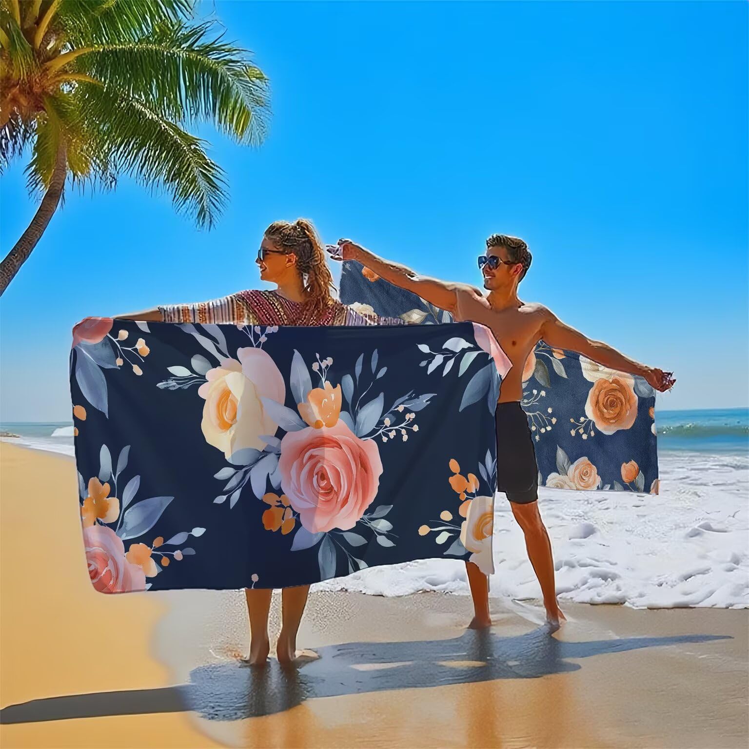 Maintenant Serviette de Plage 220x100cm Lot de 2, Fleurs Serviette Microfibre Ultra Absorbantes Séchage Rapide Anti Sable Léger Transport Compacte Drap de Plage pour Piscine Voyages Sauna, Model573