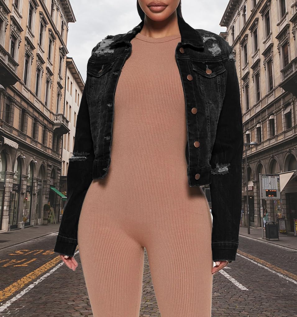 BessCops Denim Jacket for Women Fall Long Sleeve Classic Distressed Butterfly Jean Trucker Jackets - Image 6