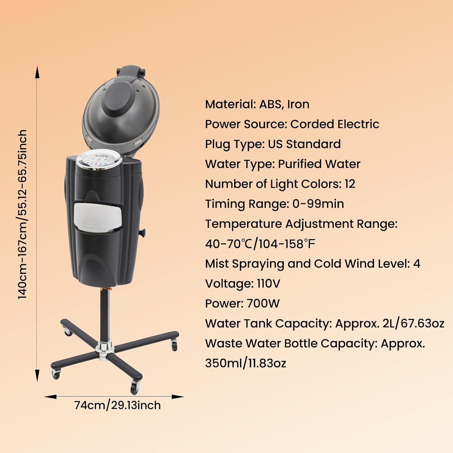 700W Professional Salon Hair Steamer, Micro Mist Hair Dryer Hooded 7 Color Light, Standing Hair Dryer for Hair Coloring Oil Baking Ozone Cold Fog Hair Care Repair (Black)