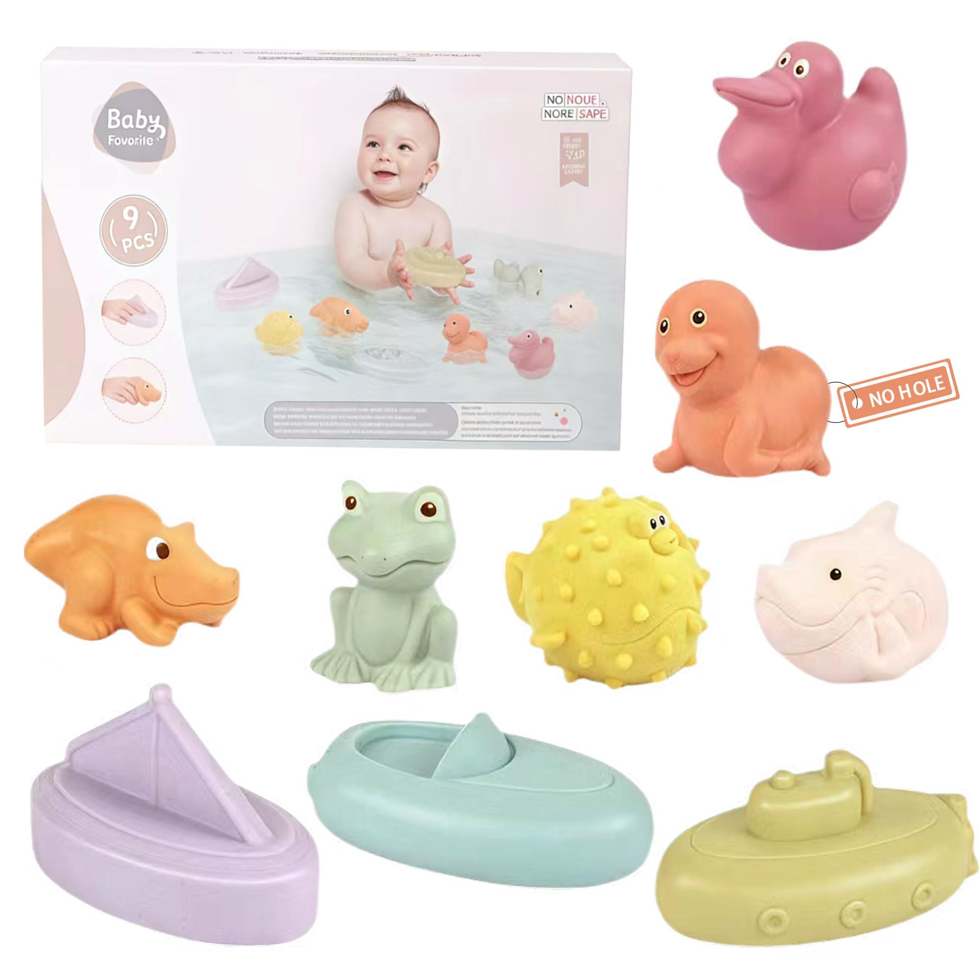 Vndnsy Juguetes de baño para bebé, 9 Piezas de Juguetes de baño sin Moho para bebés, Juguetes de baño sin Agujero, Regalos de cumpleaños para recién Nacidos, Elementos Esenciales de baño