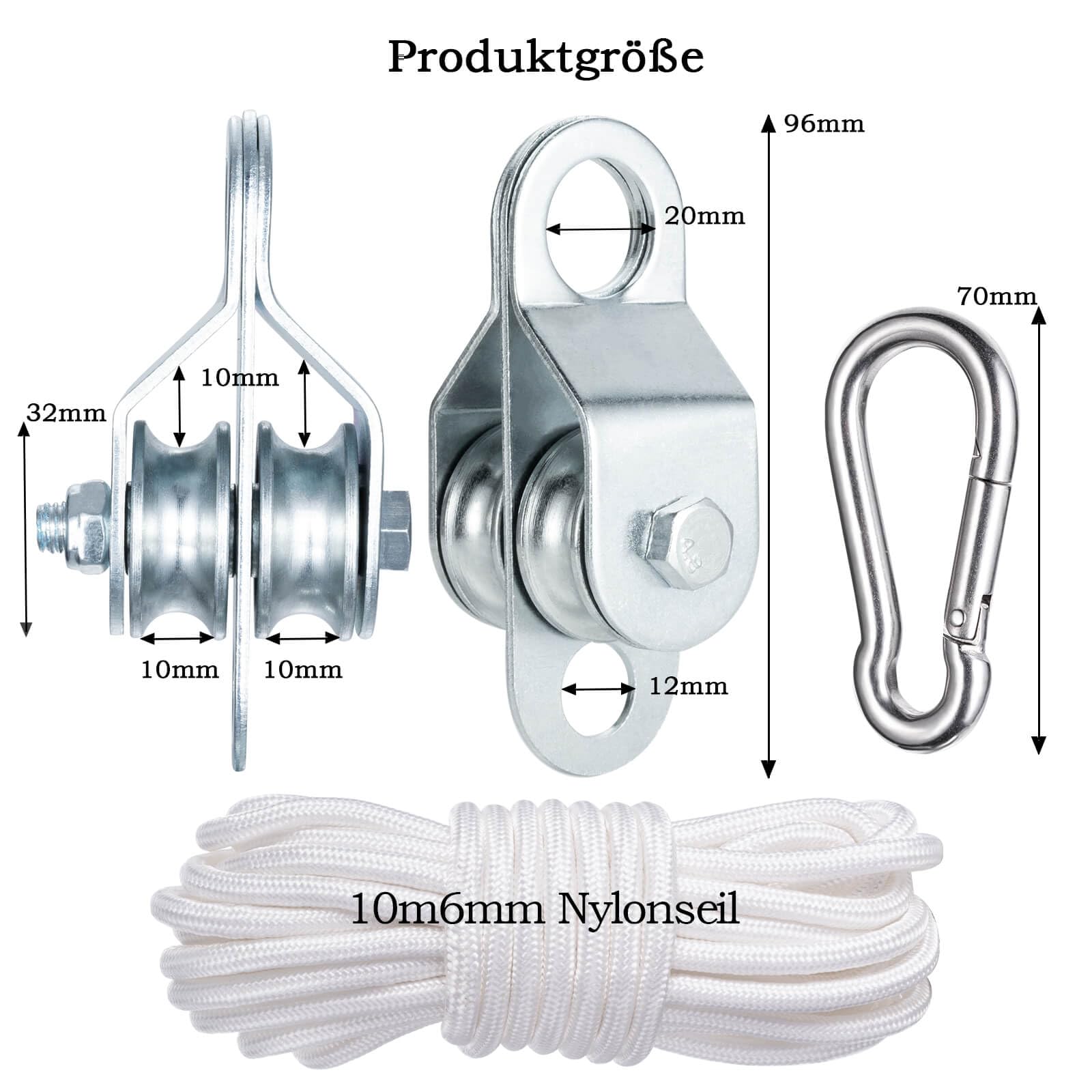 Double poulie avec 2 roulements à billes, poulie avec corde en nylon de 10 m (6 mm), capacité de charge 70 kg