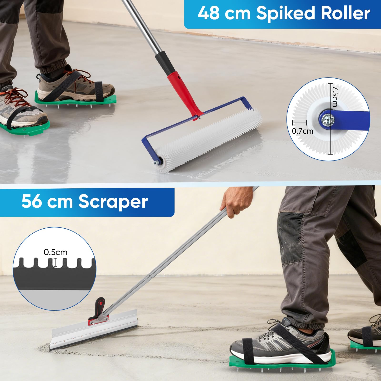 Bodenbeschichtung Set, Entlüftungswalze mit Abnehmbarem 2M Langem Verlängerungsgriff, Gezackter Rakel und Stachelschuhen, Großflächige Rakel Für DIY-Projekte Selbstnivellierende Böden