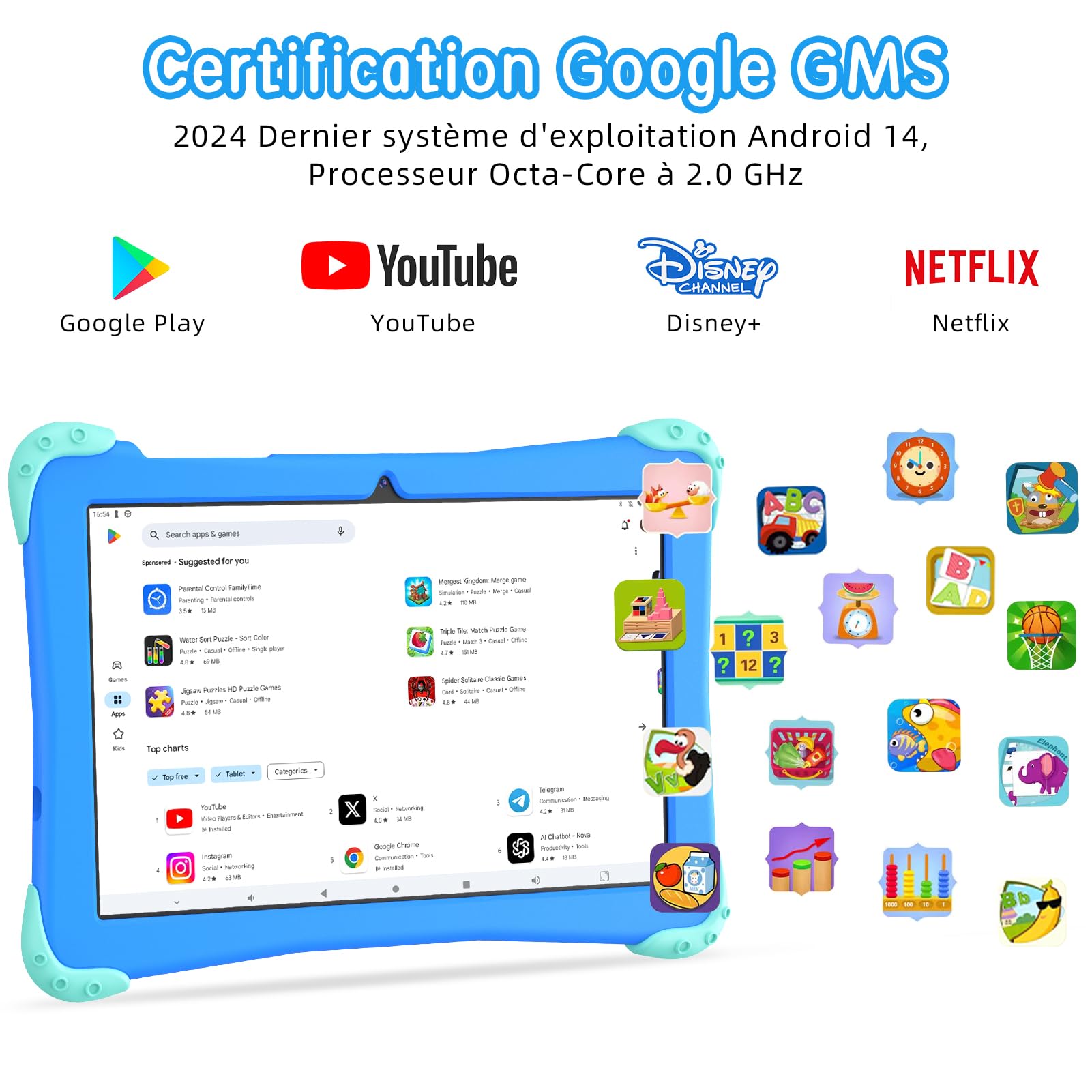 EagleSoar Tablette pour Enfants 10 pouces, Tablette Android 14 Processeur Octa-Core, Kids Tablette 3 à 12 ans, 10Go RAM + 64Go ROM, avce Logiciel Apprentissage pour Eenfants et Contrôle Parental(Bleu)
