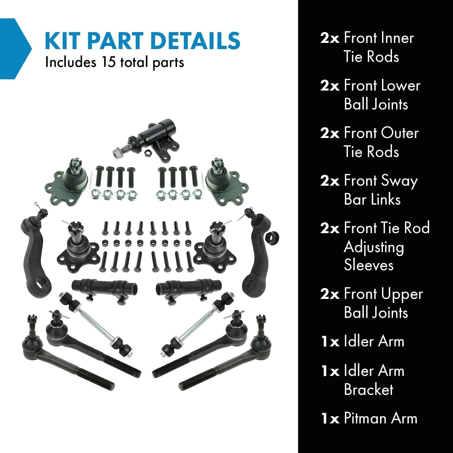 TRQ Front Steering and Suspension Kit Ball Joint Idler Arm Idler Arm Bracket Assembly Pitman Sway Bar Stabilizer Link Tie Rod Tie Rod Adjusting Sleeve Compatible with Chevrolet GMC