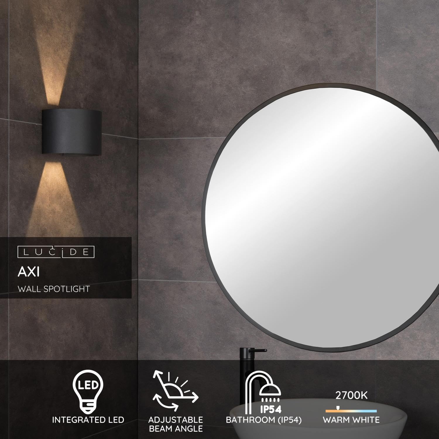 LUCIDE AXI - Wall Spotlight/Wall Light Bathroom - LED - 2x3,5W 2700K - IP54 - Adjustable Beam Angle - Black - Image 2