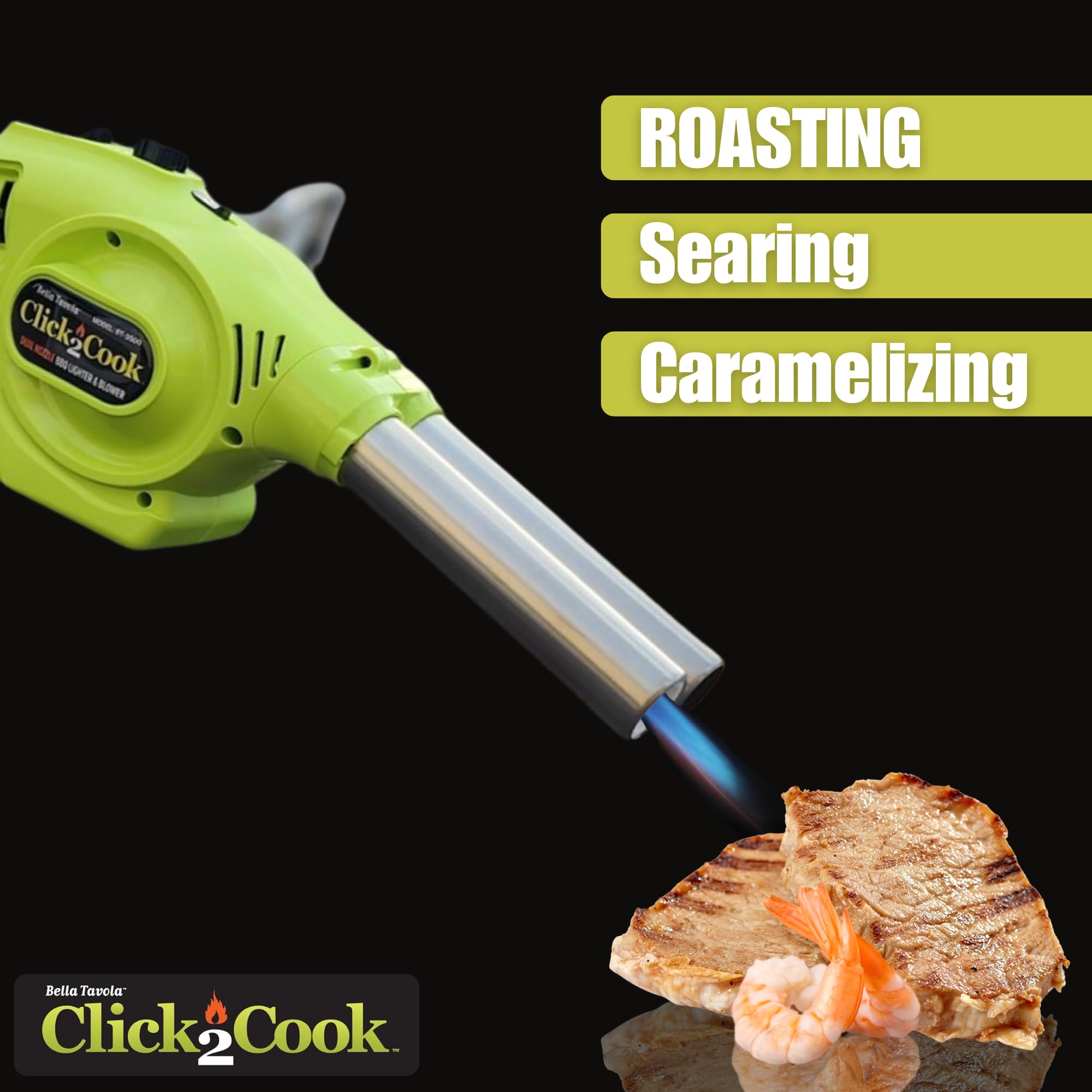 Click2Cook - Encendedor y soplador de barbacoa de doble boquilla, portátil, recargable, de carbón y con boquillas de acero inoxidable 6