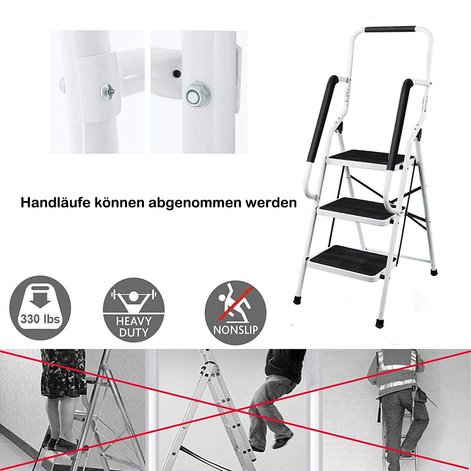 Escalera de acero ligera con 3 peldaños para 130,5 cm más alto, peldaños antideslizantes, escalera plegable con pasamanos de seguridad, 47 (ancho) x 66 (profundidad) x 130,5 (alto) cm, certificado TÜV