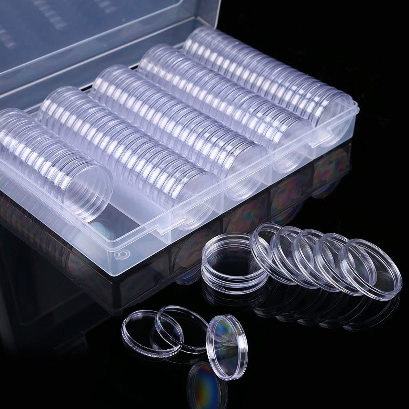 27 mm Coin Holder Capsules Coin Case Coin Holder Storage Container with Plastic Storage Box for Coin Collection (100 Pieces)