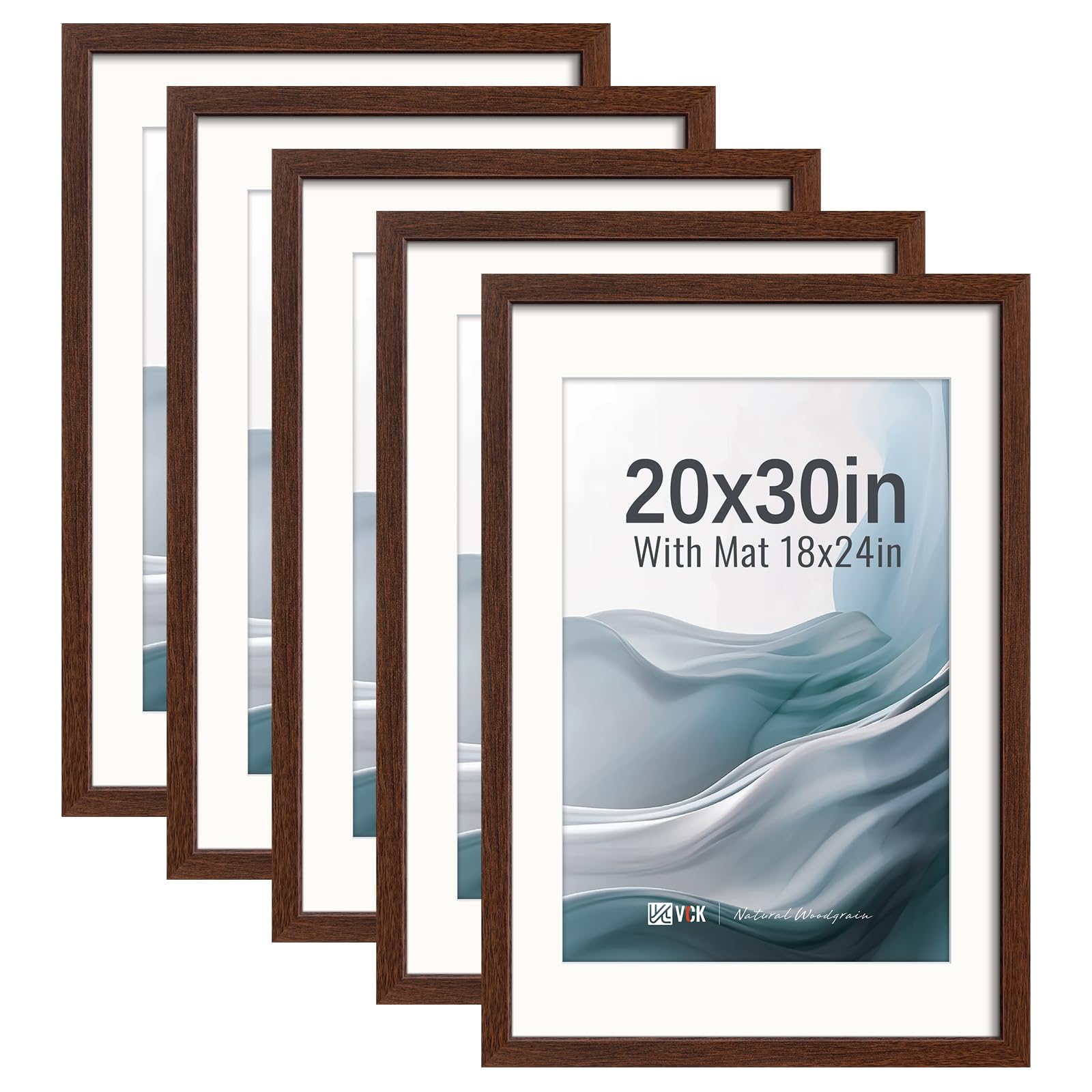 VCK 20x30 Picture Frame 5 Pack, Brown Exclusive Wood, 18x24 Mat, for Print